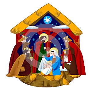 Scene of the Nativity of Christ and Adoration of the Magi isolated on white background