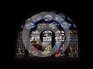 Scene of the Nativity on a stained glass window