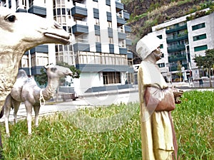 Scene of Nativity in the streets of a port in Madeira.