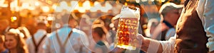 scene at an Oktoberfest beer stand, with a charismatic vendor in traditional dress pouring frothy beer from taps into steins,