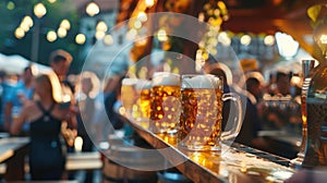 scene at an Oktoberfest beer stand, with a charismatic vendor in traditional dress pouring frothy beer from taps into steins,