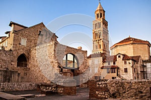 Scene from the old city of Split and the view of old bell tower