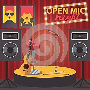Scene with open mic, guitar, microphone and audio speakers. Square composition of club interior
