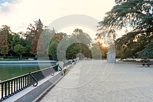 Scene at Parque del Buen Retiro Retirement Pond on an early morning during sunrise