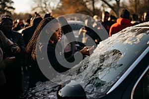 A scene of people clearing ice off car windshields.