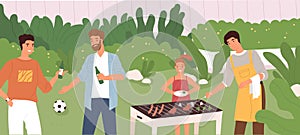 Scene of people at outdoor barbecue party. Man cooking BBQ meat and sausages, friends chatting and drinking beer