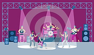 Scene of performance of rock band on stage, cartoon flat vector illustration.