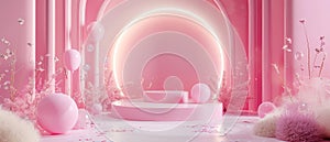 The scene is a pink room with a pink podium, glowing wired lights arch, balloons. The mockup can be used for advertising