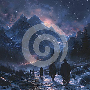 A scene of pioneers struggling through snow-covered mountains with mysterious figures watching from the shadows. photo