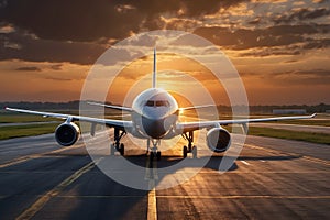 A scene of a plane landing at sunset