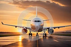 A scene of a plane landing at sunset