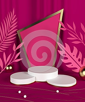 Scene podium display with pink tropical leaf background Computer generated image