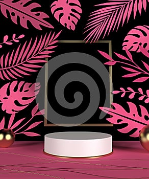 Scene podium display with pink tropical leaf background Computer generated image