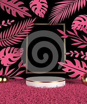 Scene podium display with pink tropical leaf background Computer generated image