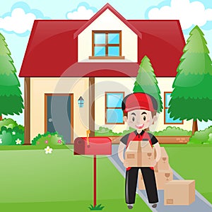 Scene with postman delivering parcels