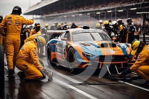 A scene of a professional pit crew checking a race car