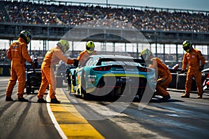 A scene of a professional pit crew team checking a race car