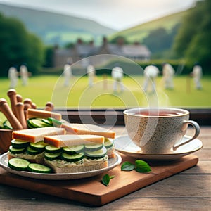 A scene reveals cucumber sandwiches arranged on a plate, with in background