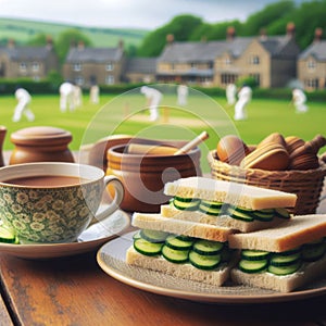 A scene reveals cucumber sandwiches arranged on a plate, with in background