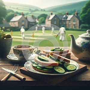 A scene reveals cucumber sandwiches arranged on a plate, with in background