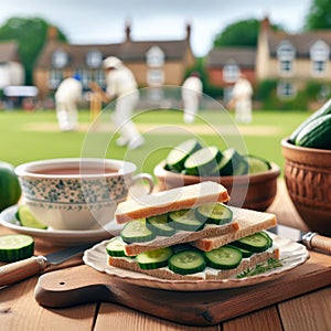 A scene reveals cucumber sandwiches arranged on a plate, with in background