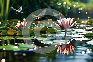 scene of a river with a large number of yellow lilies floa