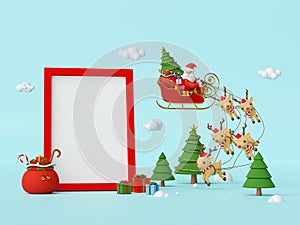 Scene of Santa Claus on a sleigh full of Christmas gifts and pulled by reindeer with blank space in frame