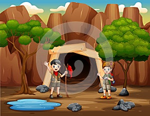 Scene with scout kids hiking in the mine