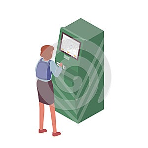 Scene of self service and automatic payment. Woman using info kiosk or information terminal. Flat vector cartoon