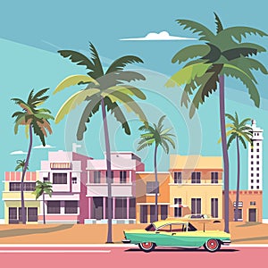 The scene is set in a tropical city with colorful buildings and palm trees