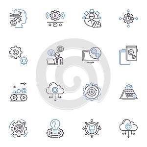 Scene setting line icons collection. Atmosphere, Landscape, Environment, Ambiance, Surroundings, Locale, Scenery vector photo