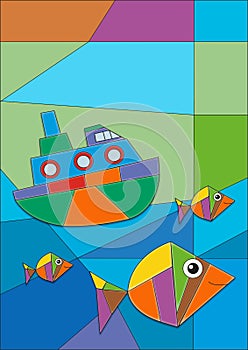 Scene of ship and fishes. Geometric style
