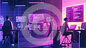 A scene showcasing a team of software developers coding, collaborating, and testing applications in a modern development