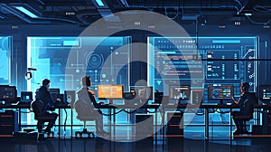 A scene showcasing a team of software developers coding, collaborating, and testing applications in a modern development