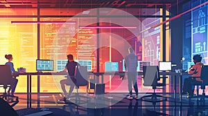 A scene showcasing a team of software developers coding, collaborating, and testing applications in a modern development