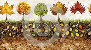 An scene showing the various stages of the nutrient cycle from autumn leaves to the biofuel crop. Leaves fall from the