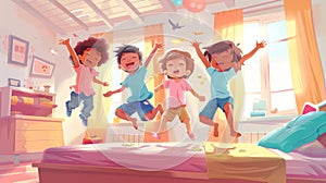 The scene shows a group of multiracial babies playing indoor games, jumping on the bed and playing board games or toys