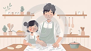 The scene shows a parent and child working together in the kitchen. The parent is teaching the child how to knead dough