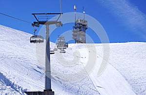 Scene of ski cable car at snow mountains Titlis