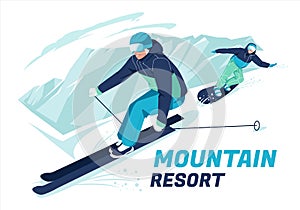 Scene of skier and snowboarder skiing on snow-covered mountain slopes or slopes. Outdoor winter sports. Cartoon flat vector