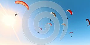 A scene of skydivers or paragliders against a clear blue sky, concept of Free-fall enthusiasts, created with Generative