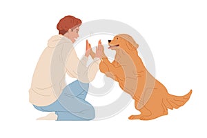 Scene with smart dog giving high five to person. Man's hands clapping pet's paws. Concept of friendship between people