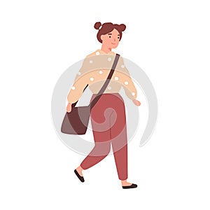 Scene of smiling schoolgirl or cheerful student going to school. Happy girl wearing with schoolbag. Flat vector cartoon