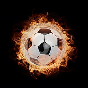 Scene Soccer ball engulfed in fiery flames against black backdrop