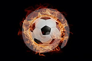 Scene Soccer ball engulfed in fiery flames against black backdrop