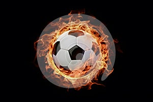 Scene Soccer ball engulfed in fiery flames against black backdrop