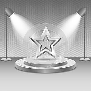 Scene with spotlights. Two lamp illuminate the metal star on the podium steps. Vector.