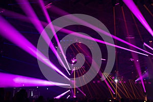 Scene, stage lights with colored spotlights and smoke, pink, purple, violet