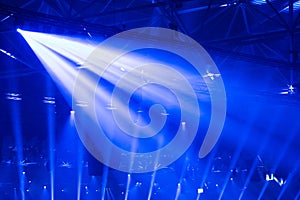 Scene, stage lights with colored spotlights and smoke, white and blue