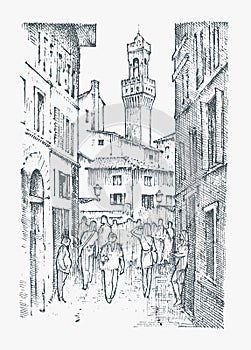 Scene Streets in European town Florence in Italy . engraved hand drawn in old sketch and vintage style. historical